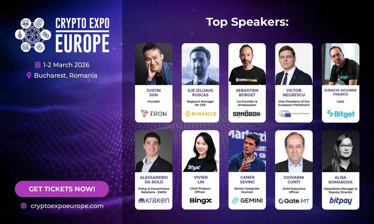 Promotional banner for Crypto Expo Europe 2026 in Bucharest featuring event dates and top speakers with photos, names, and company logos, plus a “Get Tickets Now” button and website link.