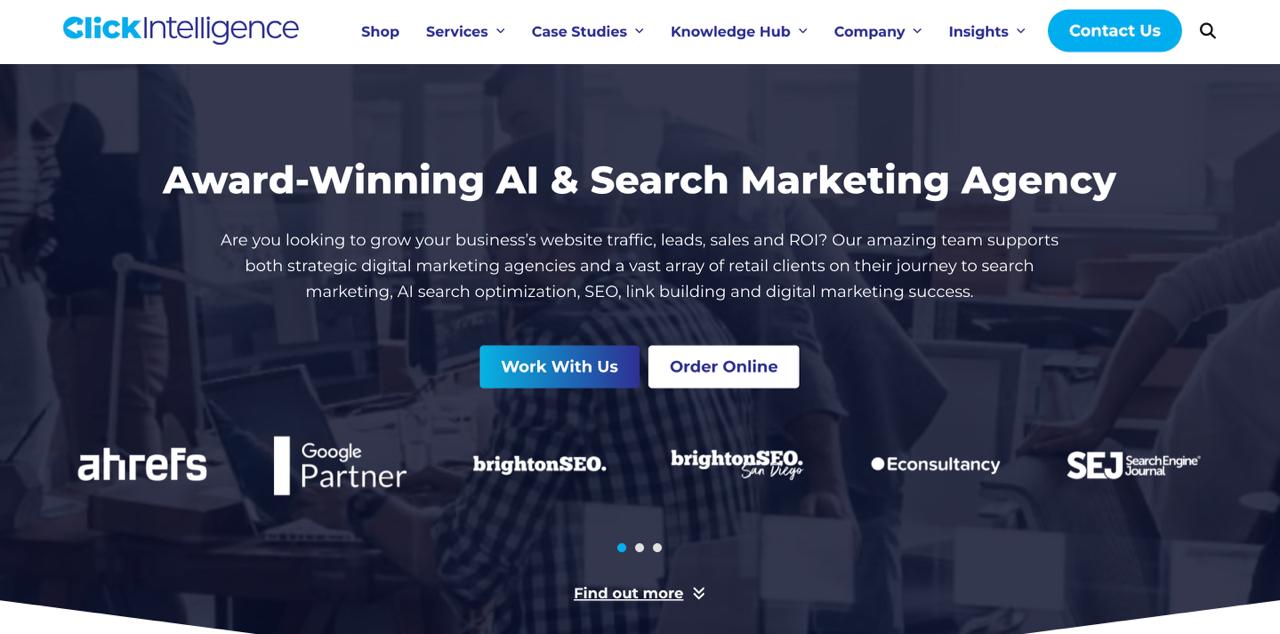 Click Intelligence homepage displaying AI visibility benchmarking and answer engine optimization audit services for B2B brands