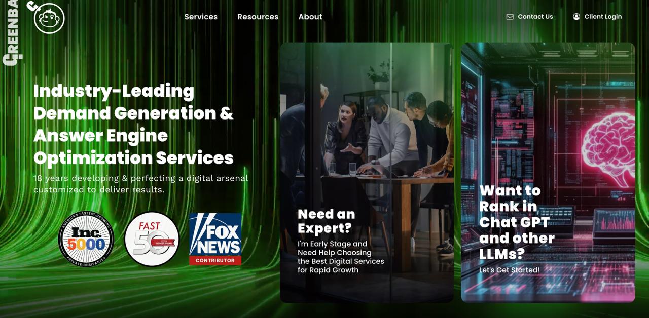 GreenBanana SEO website presenting integrated answer engine optimization and organic search services across multiple AI platforms