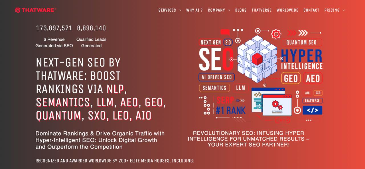 ThatWare website demonstrating machine learning driven answer engine optimization and entity-based content strategies