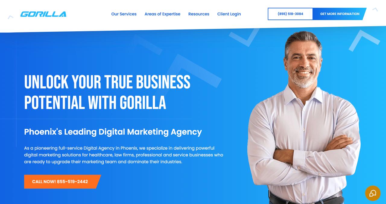 Gorilla Marketing homepage presenting answer engine optimization services designed for regulated industries including healthcare and legal