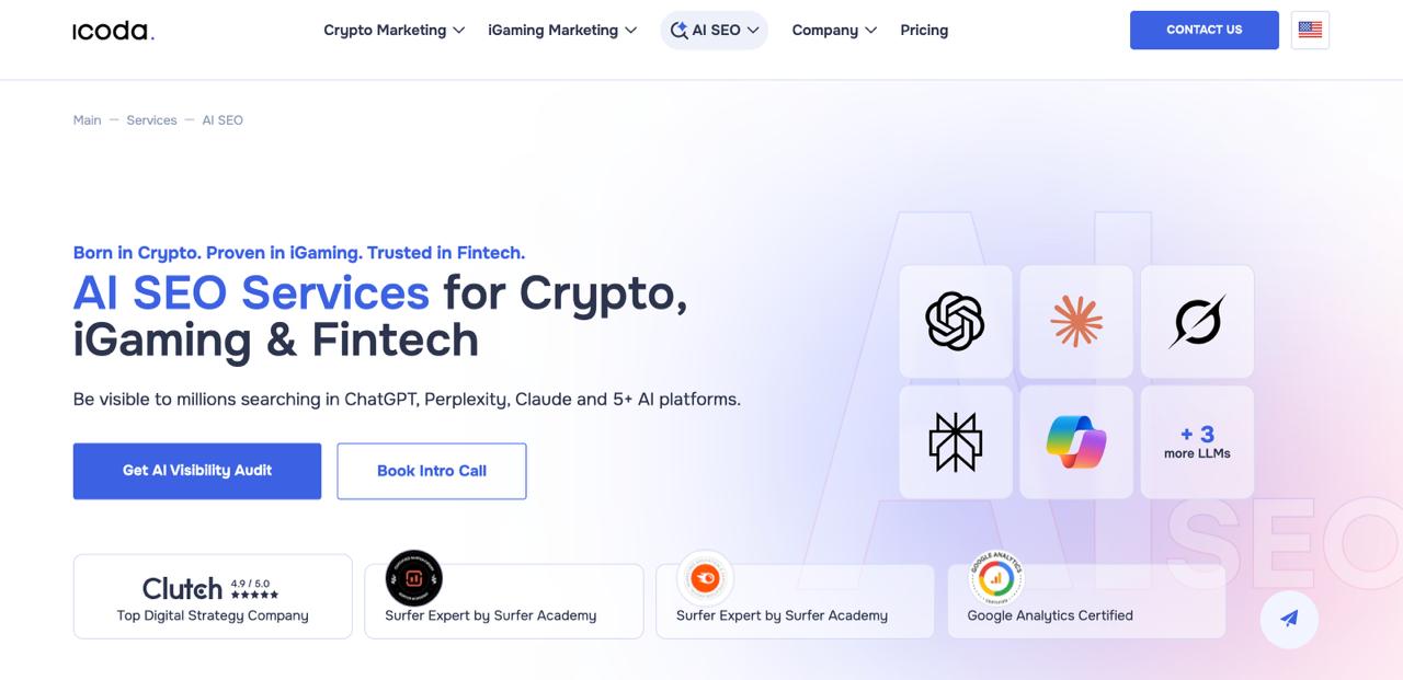 ICODA homepage with AI SEO and generative engine optimization services for tech, Web3, and fintech companies