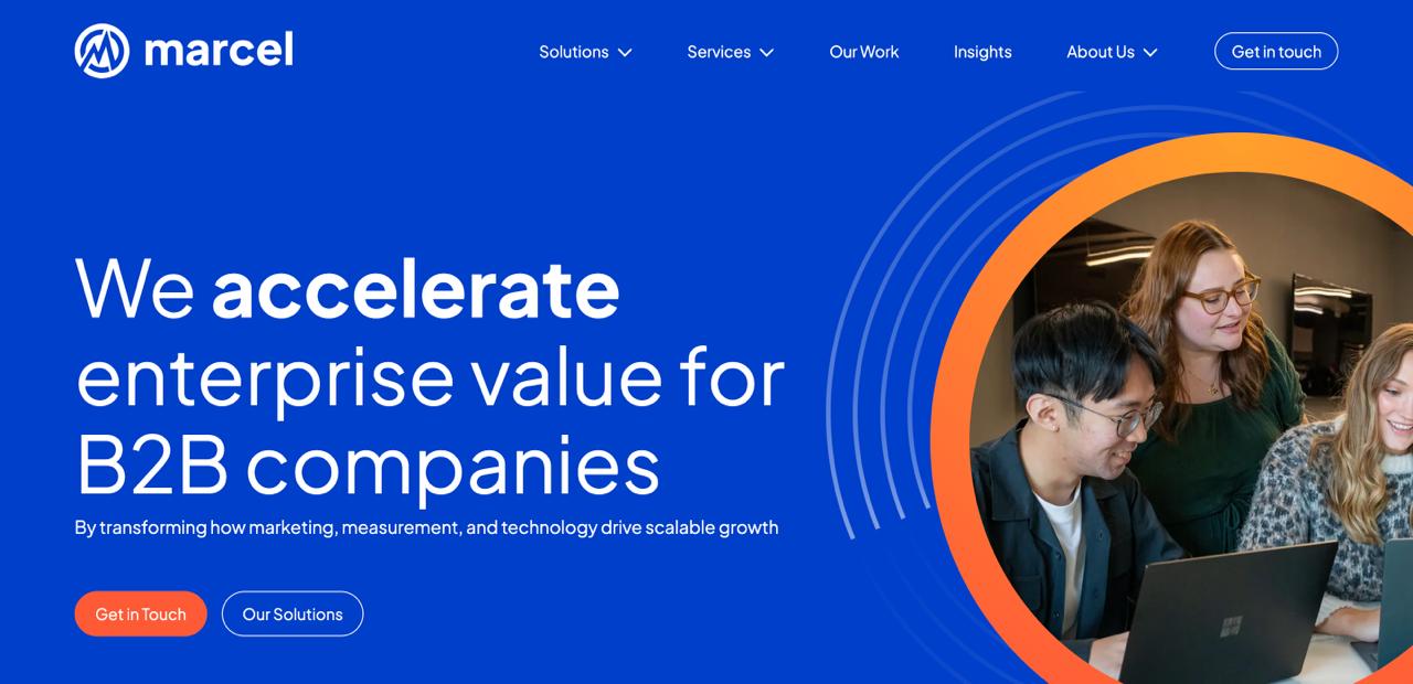 Marcel Digital homepage displaying AEO, schema optimization, and generative engine optimization services for healthcare and professional services brands