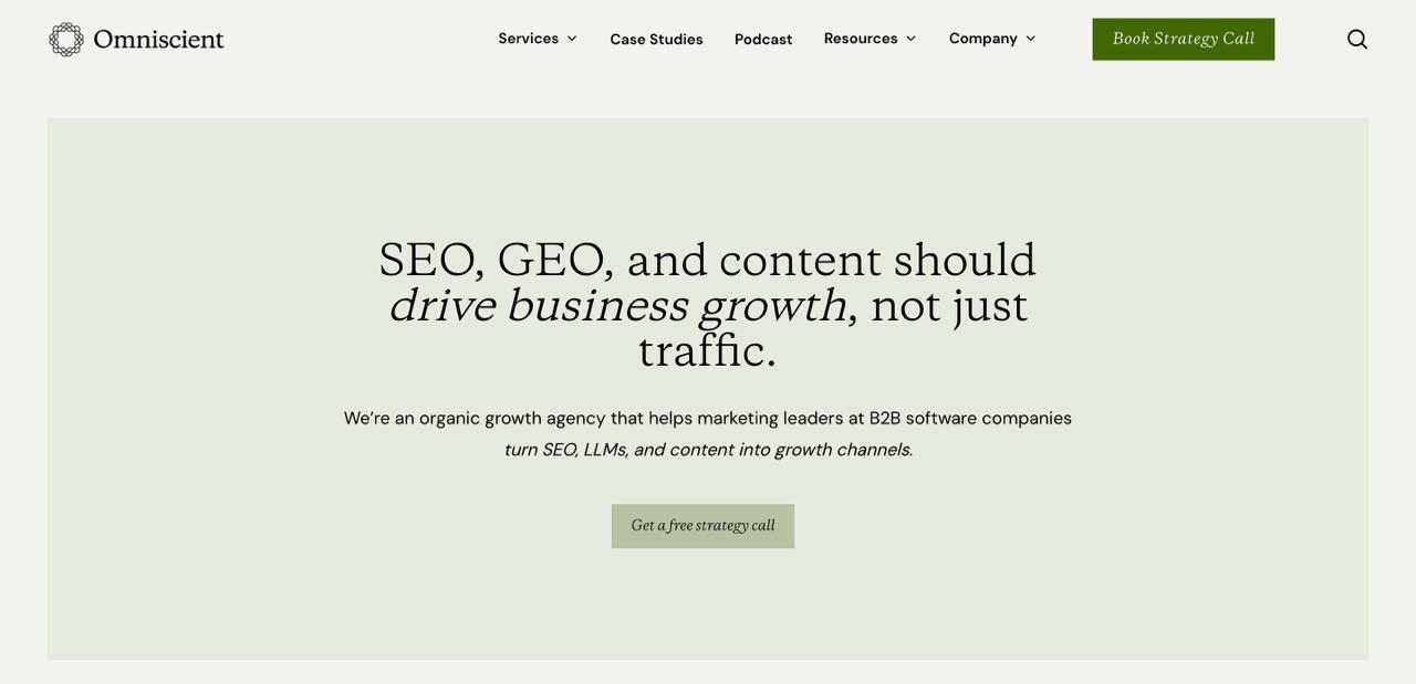Omniscient Digital homepage with Surround Sound SEO, RAG optimization, and generative engine optimization services for growth-stage SaaS