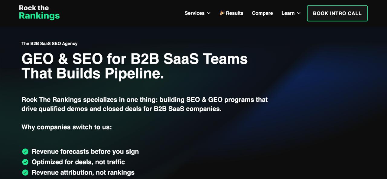Rock The Rankings homepage showing citation building, entity optimization, and generative engine optimization services for B2B SaaS companies