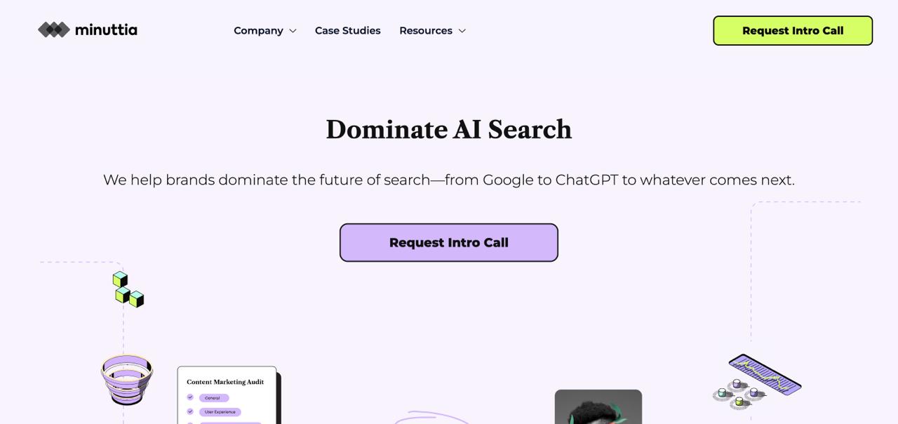 Minuttia homepage featuring proprietary AI visibility tools, semantic content strategy, and generative engine optimization services for SaaS brands