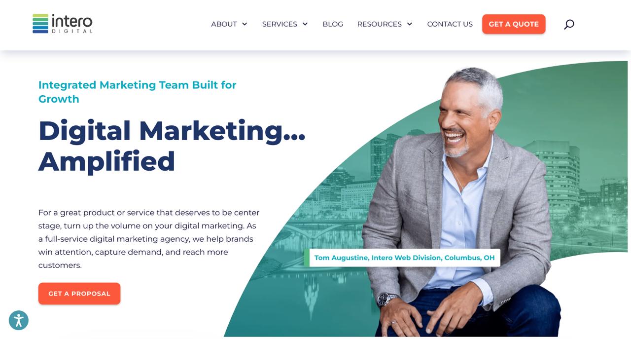 Intero Digital homepage displaying GRO framework, InteroBot crawler simulation, and full-funnel generative engine optimization services for enterprise brands