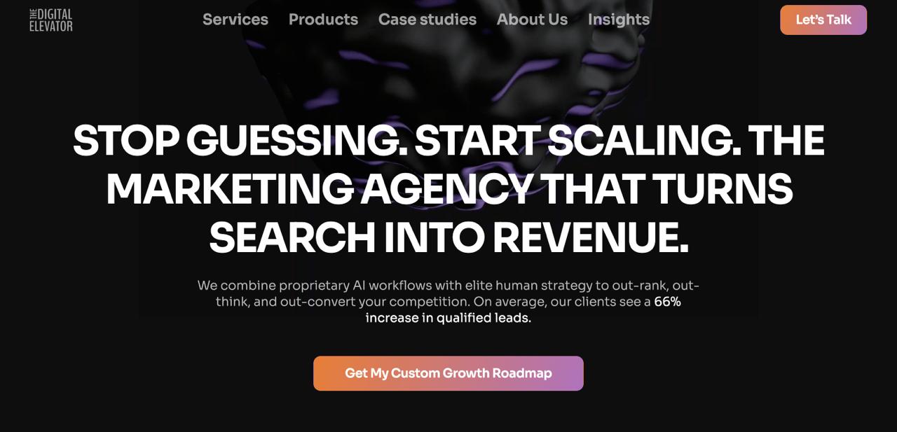 Digital Elevator homepage featuring bottom-funnel AEO strategy, competitive intelligence, and generative engine optimization services for small-to-mid-market brands