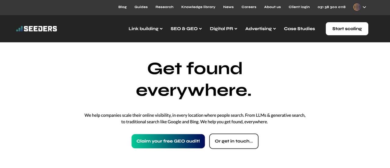 Seeders homepage displaying international SEO integrated with generative engine optimization services, digital PR, and link building for globally expanding brands