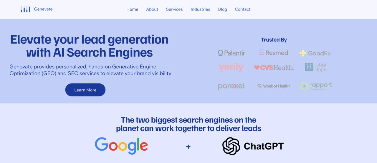 Genevate homepage featuring strategic PR, entity authority building, and generative engine optimization services for law firms, real estate, and healthcare brands
