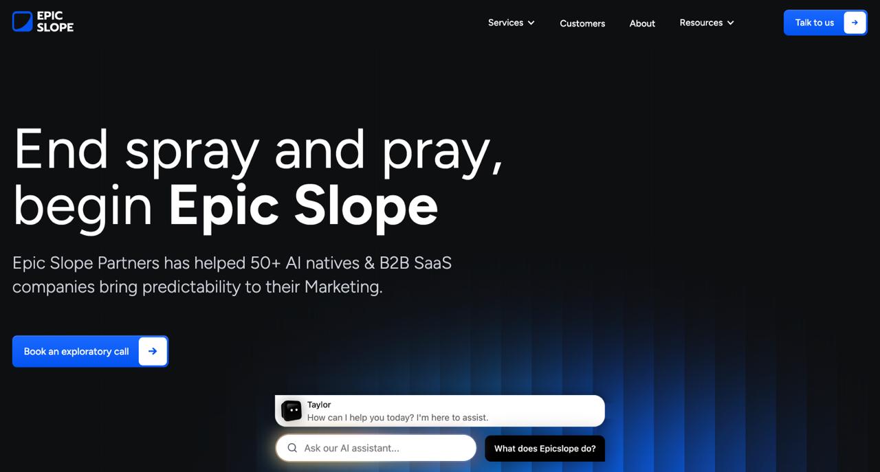Epic Slope Partners homepage showing AI-intent content restructuring, GEO performance tracking, and generative engine optimization services for early-stage B2B SaaS companies