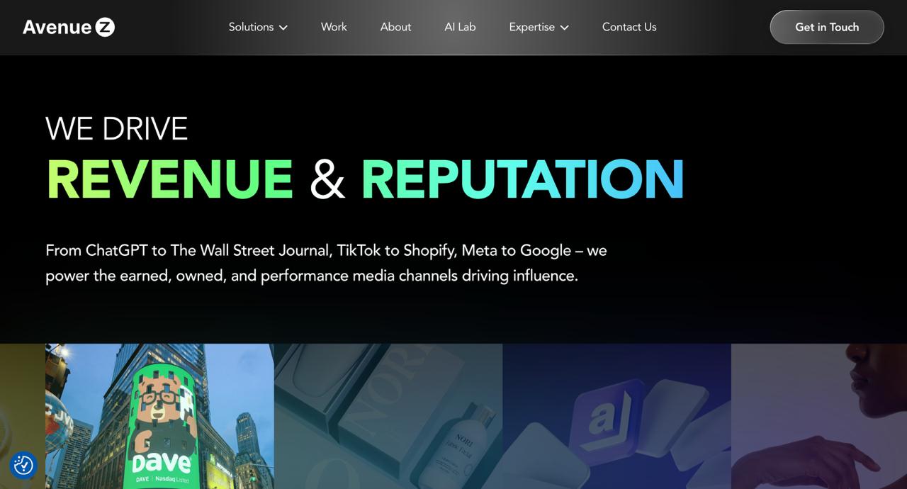Avenue Z homepage displaying AI search readiness audits, product discovery optimization, and generative engine optimization services for B2B brands and product-led growth companies