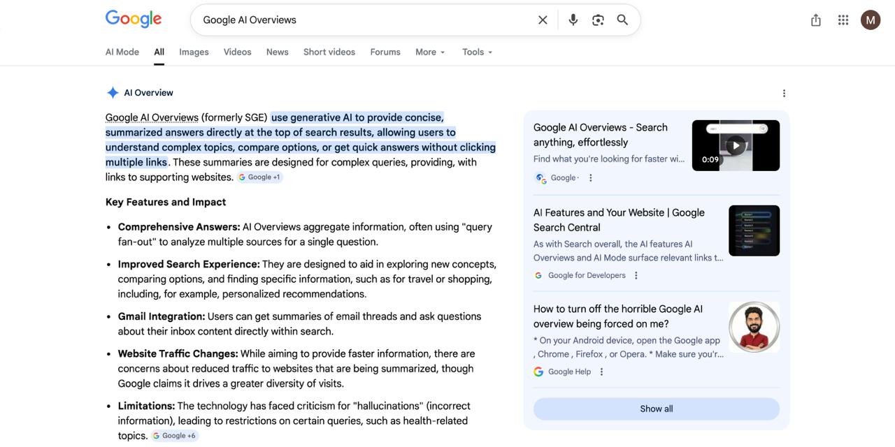 واجهة Google AI Overviews التي تعرض ملخصات البحث التي تم إنشاؤها باستخدام الذكاء الاصطناعي مع تكامل الرسم البياني المعرفي والمتابعة التحادثية