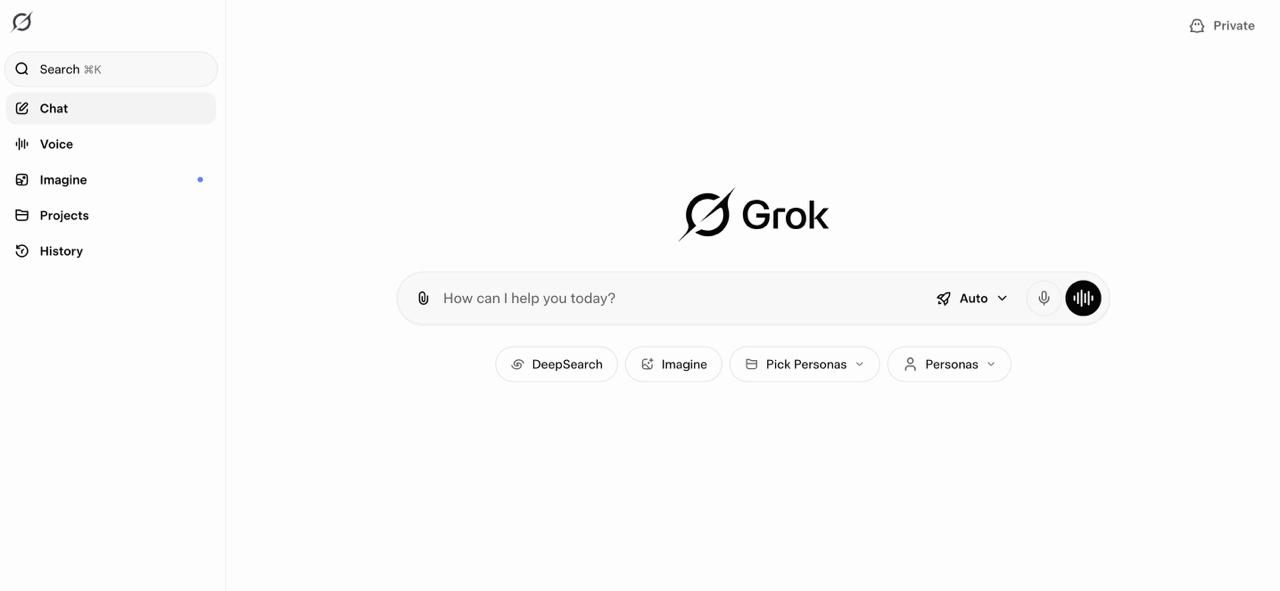 الصفحة الرئيسية ل Grok AI التي تعرض الوصول إلى بيانات منصة X في الوقت الفعلي والبحث بالذكاء الاصطناعي التحادثي لرصد الاتجاهات الاجتماعية