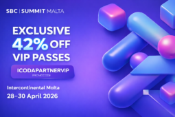 3D blue-purple banner for SBC Summit Malta featuring 42% off VIP passes and promo code ICODAPARTNERVIP.