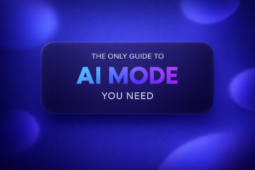 Minimalist 16:9 tech cover with a deep blue–purple gradient background and soft blurred abstract shapes in the corners. A dark rounded 3D panel is centered slightly above the middle, featuring the text “THE ONLY GUIDE TO AI MODE YOU NEED,” with “AI MODE” in a blue-to-violet gradient and the other lines in soft off-white.