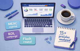 Research desk with Ahrefs SEO dashboard on laptop, cards reading MEXC reprint, KOL campaign, Flash round, and notepad with 15+ presales analyzed — token sale marketing study.