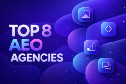 Soft 3D 16:9 graphic in blue and purple tones featuring large bold text “TOP 8 AEO AGENCIES,” with each letter in “AEO” in a different blue-to-purple gradient, set against rounded abstract shapes and floating tech-style icons on the right.