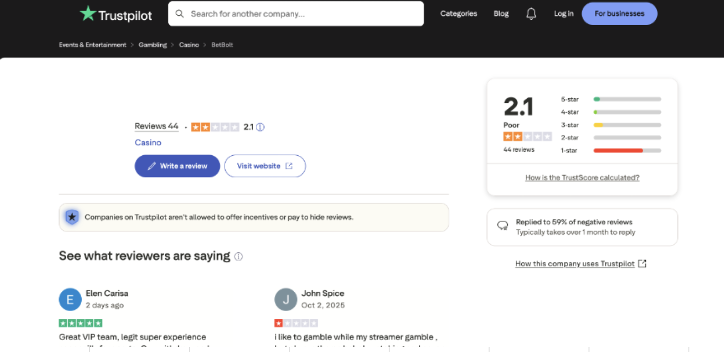 Trustpilot profile showing poor 2.1-star rating before reputation management intervention with 44 reviews.