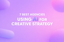 Pastel gradient tech blog cover with bold headline “7 Best Agencies Using AI for Creative Strategy” centered on lavender-pink background with soft abstract shapes.