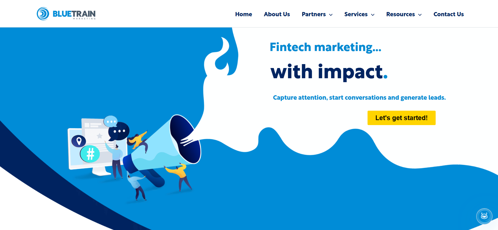 Blue Train Marketing fintech agency homepage specializing in lead generation, SEO, and AI search optimization for payments and B2B brands.