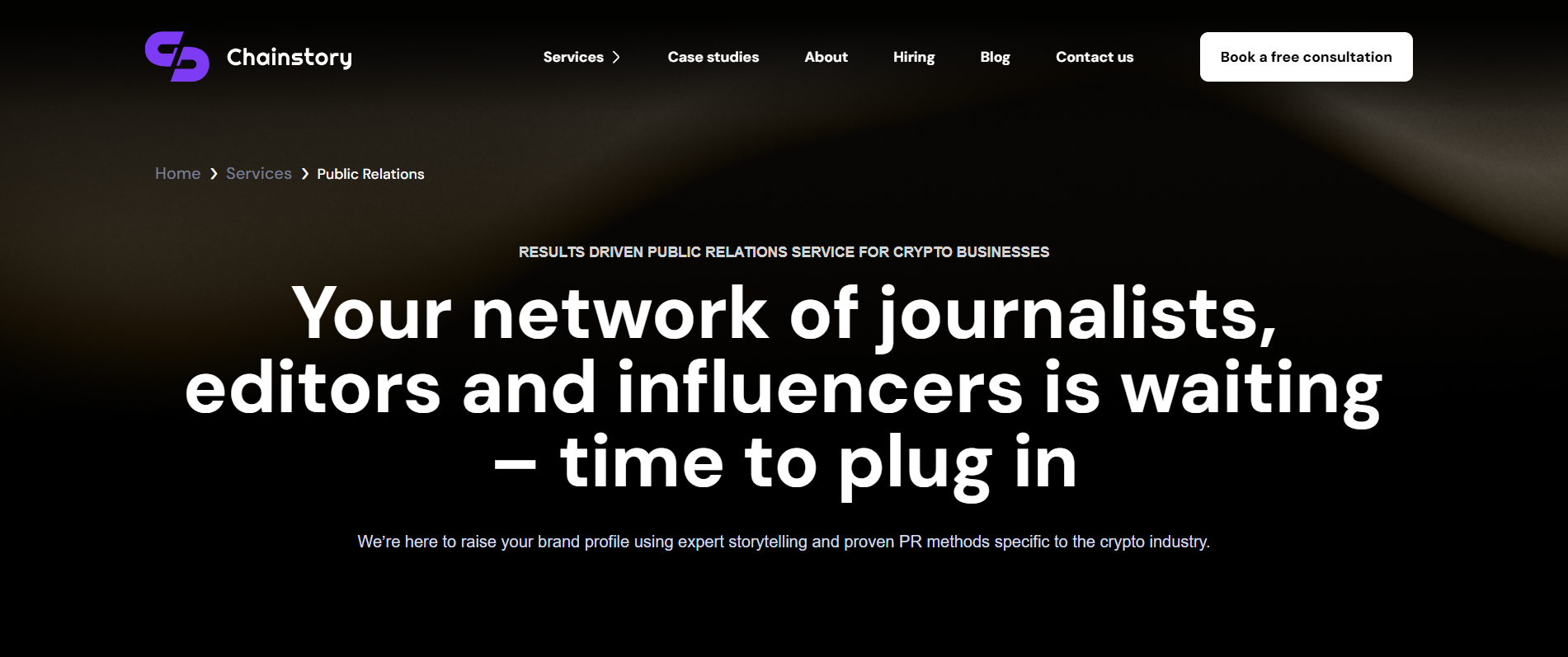 Die Homepage der PR-Agentur Chainstory web3 stellt die Earned-Media-Dienste für Krypto-Unternehmen vor.