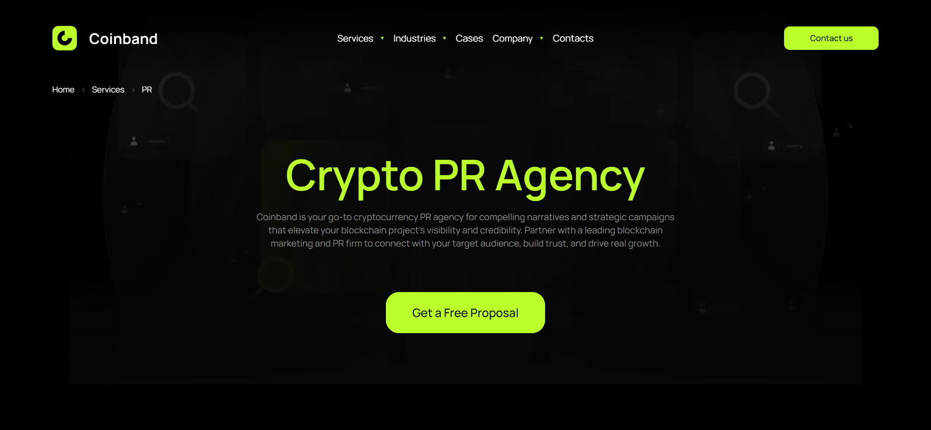 Die Homepage der Krypto-PR-Agentur Coinband wirbt für Blockchain-Marketing-Dienstleistungen mit einem kostenlosen Angebot CTA.