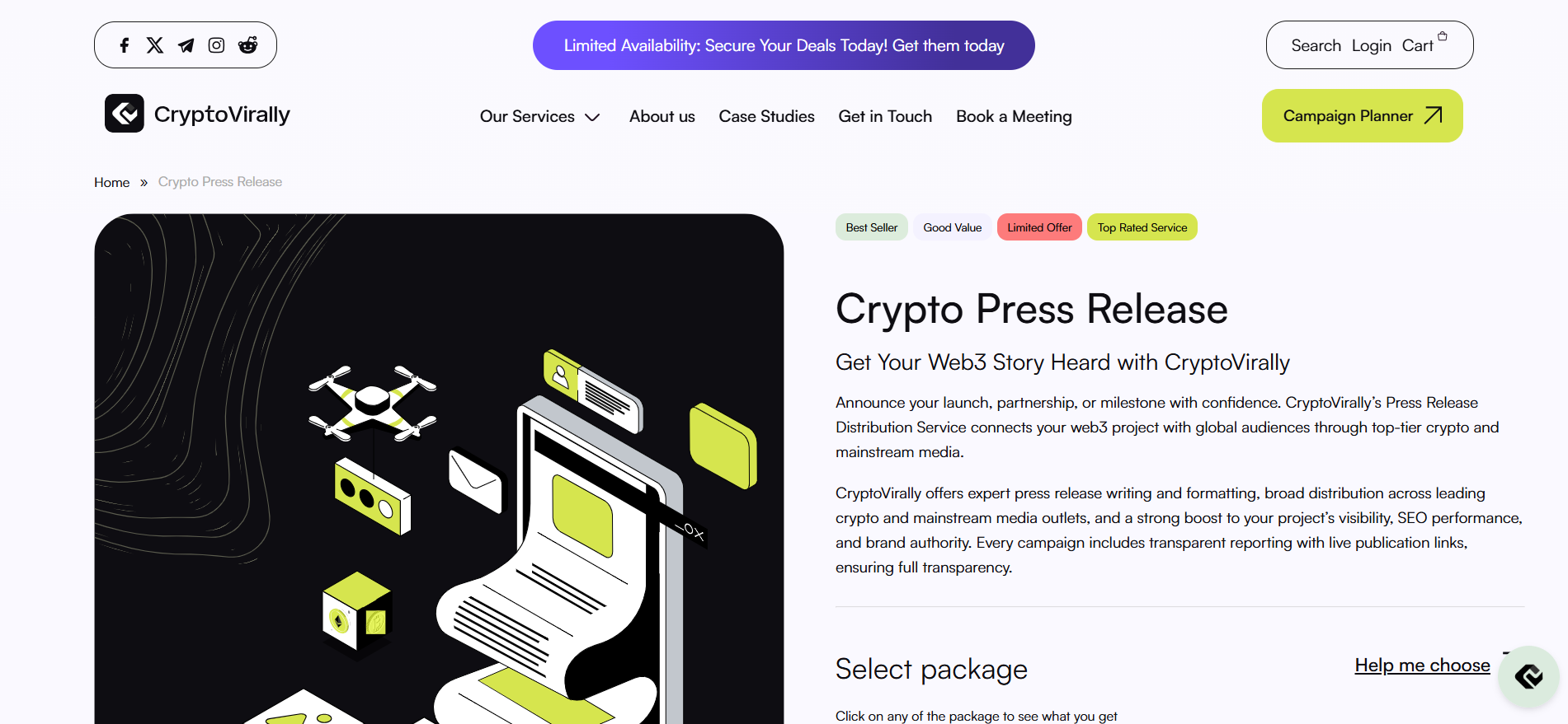 CryptoVirally ICO PR Firma Krypto-Pressemitteilung Service-Seite mit transparenter Paketauswahl.