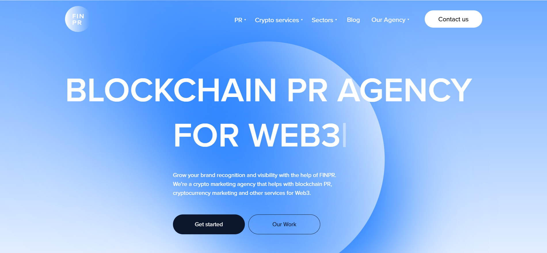 FINPR blockchain marketing agency homepage offering guaranteed media placements across 500 outlets in 16 languages.