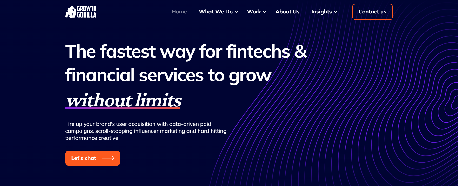 Growth Gorilla fintech user acquisition agency homepage offering data-driven paid campaigns and performance creative for financial services.