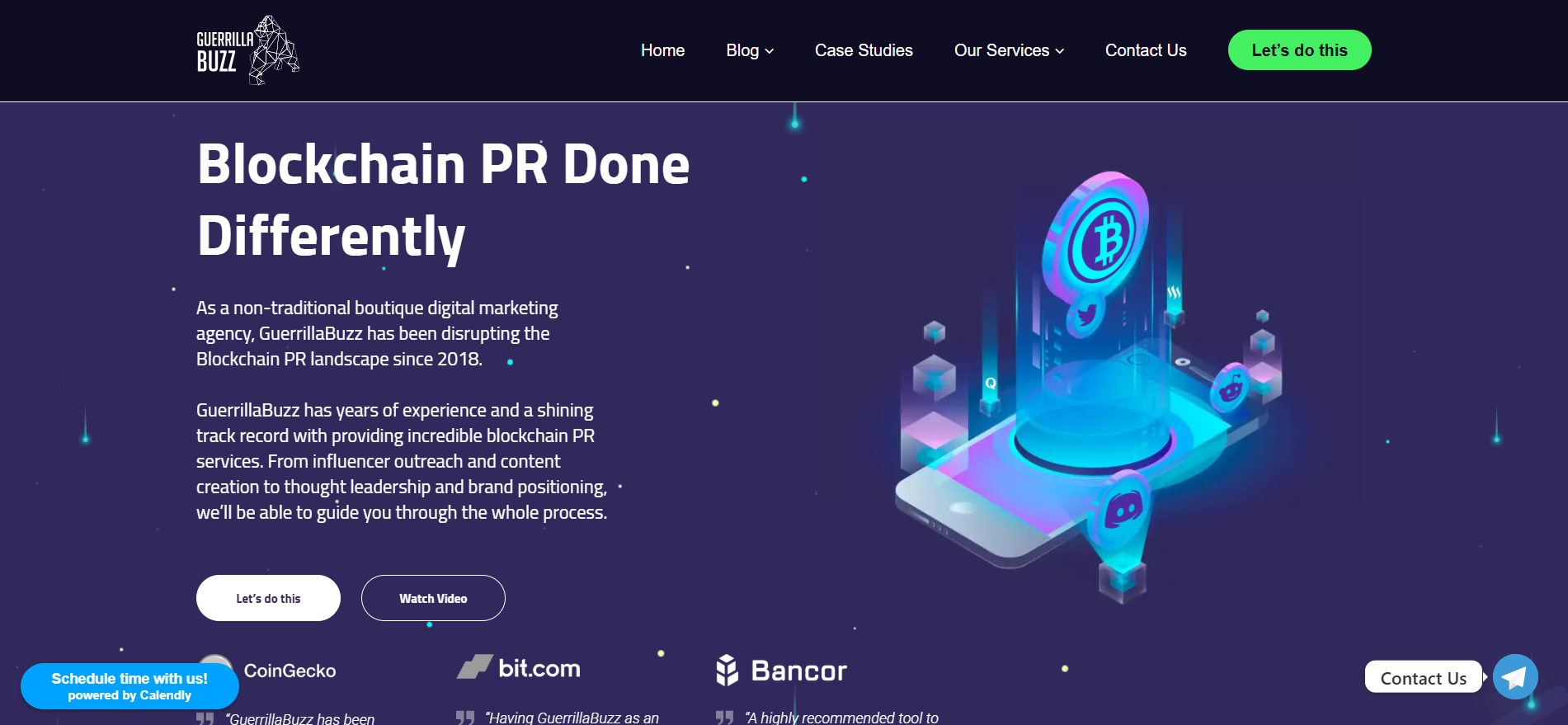 Die Homepage der Blockchain-PR-Agentur GuerrillaBuzz, die seit 2018 Krypto-Marketing für die Community betreibt.