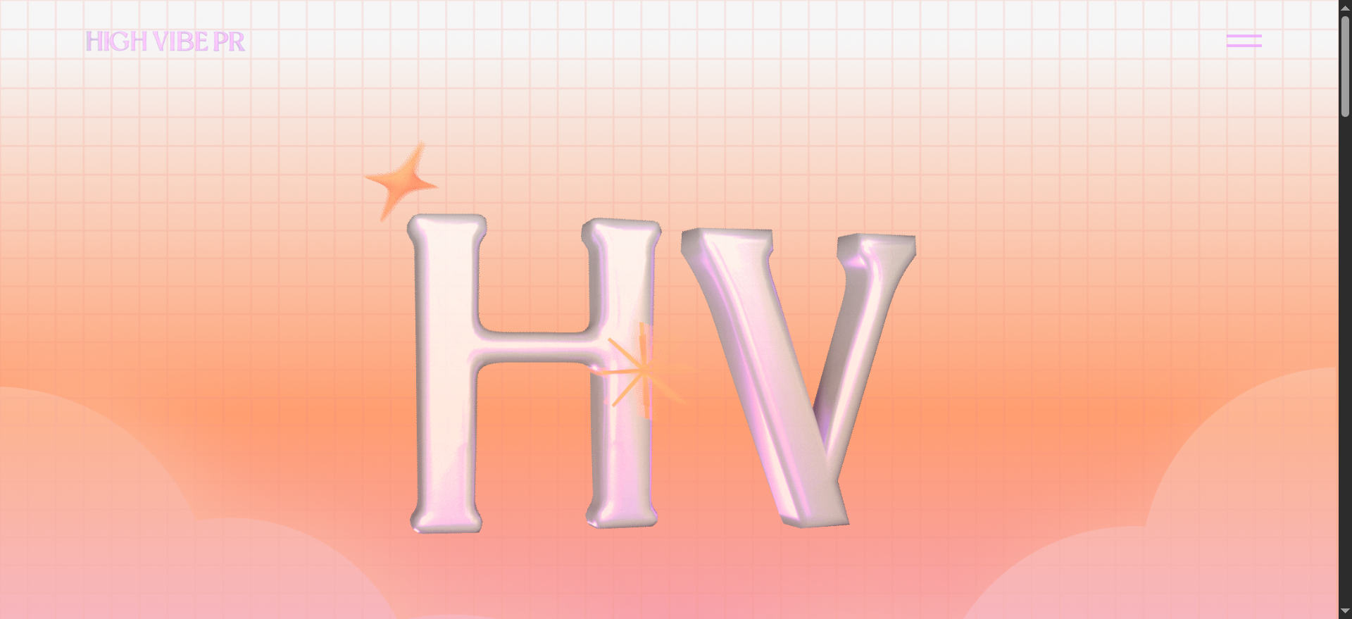 High Vibe PR web3 PR-Firmen-Homepage mit LLMO-fokussiertem Branding für Gaming- und KI-Krypto-Projekte.