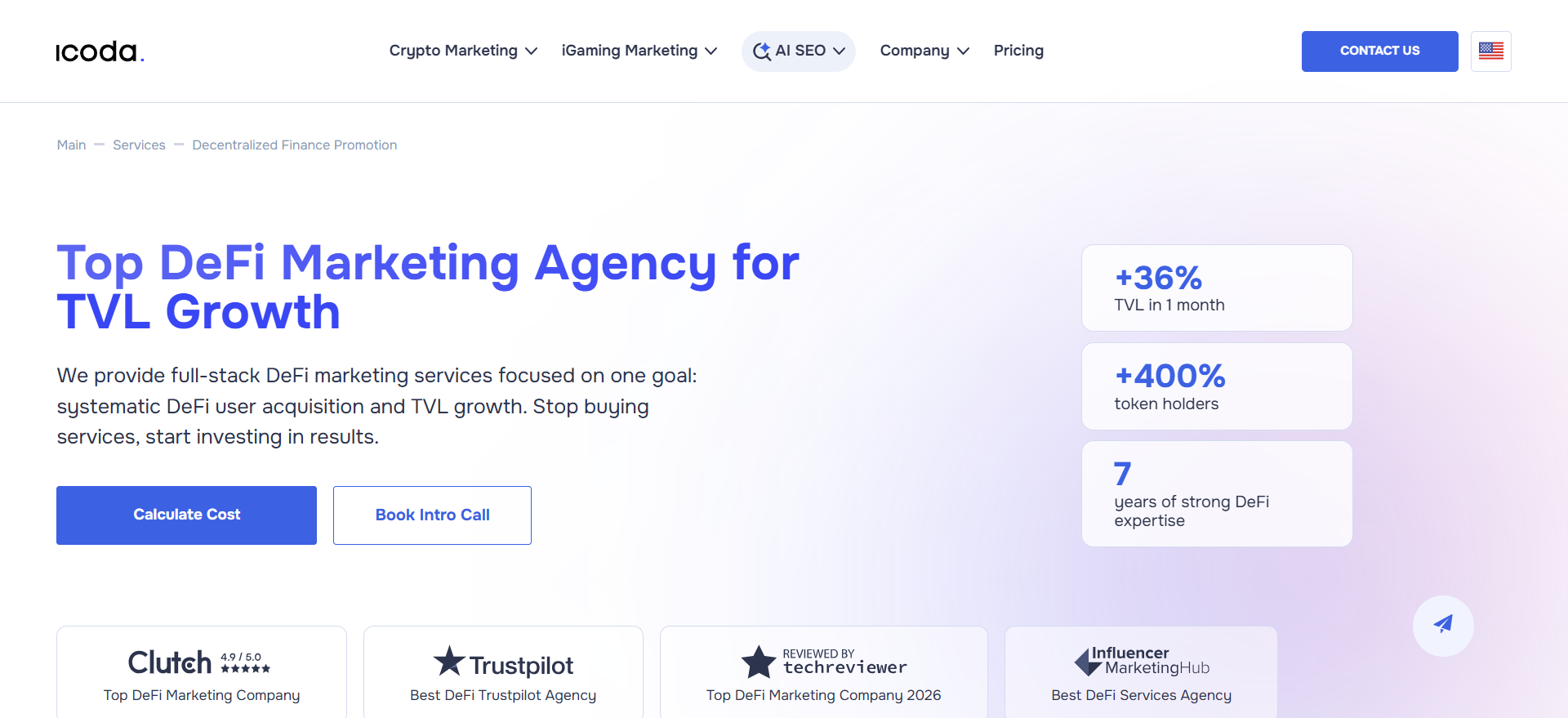 ICODA web3 marketing agency homepage featuring full-cycle blockchain marketing services and AI search optimization.