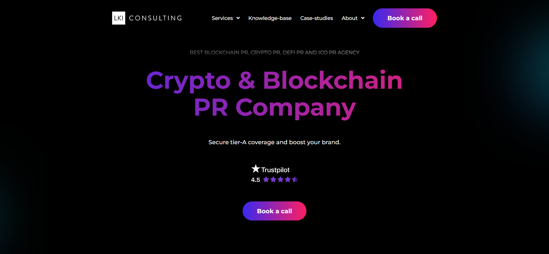 Die Homepage der ICO-PR-Agentur LKI Consulting positioniert sich als Krypto- und Blockchain-PR-Unternehmen mit einer Trustpilot-Bewertung von 4,5.