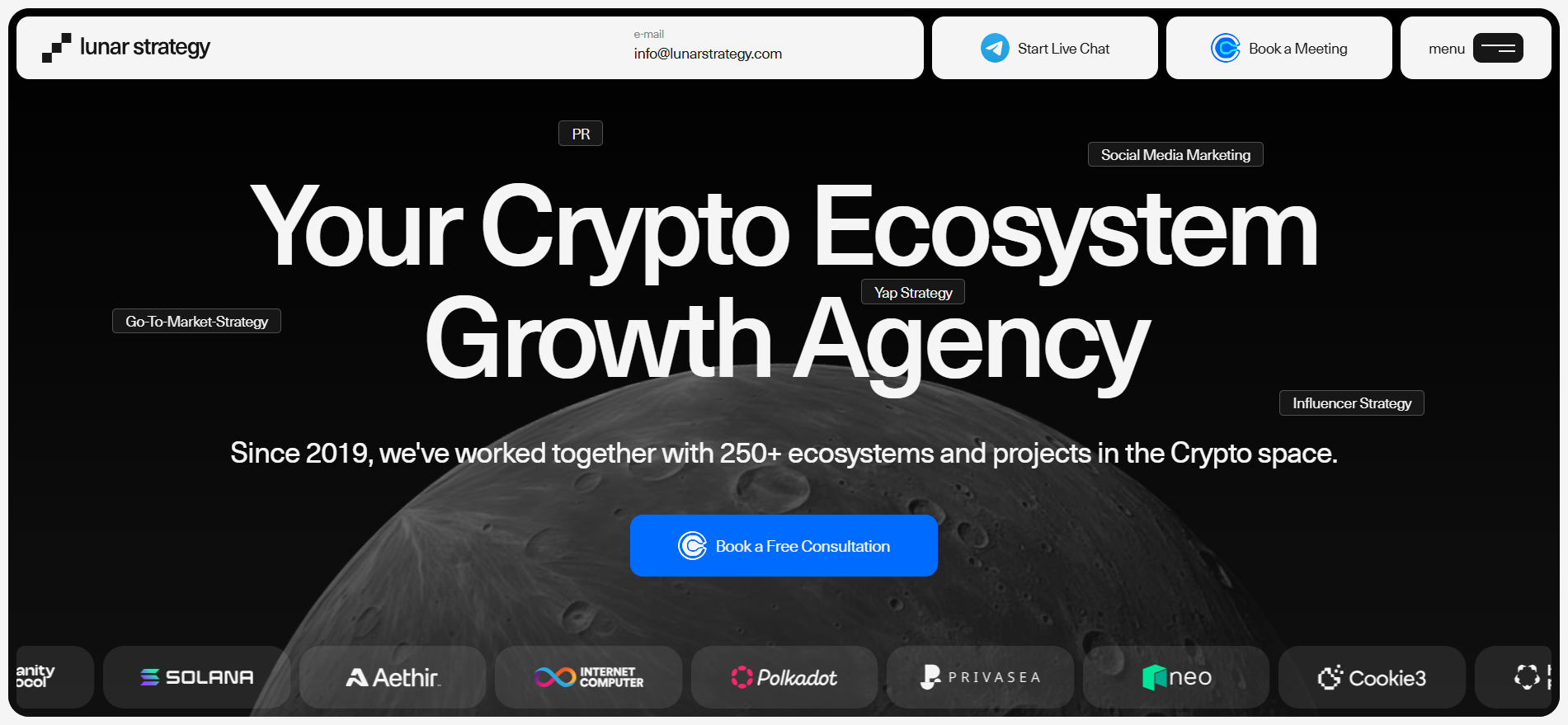 Lunar Strategy blockchain marketing agency homepage featuring ecosystem products and DeFi GTM strategy.