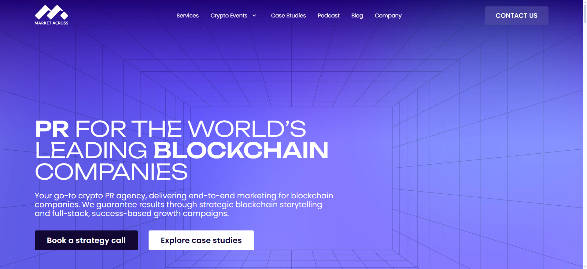 MarketAcross web3 marketing agency homepage presenting performance PR services and Tier-1 media distribution for blockchain projects.
