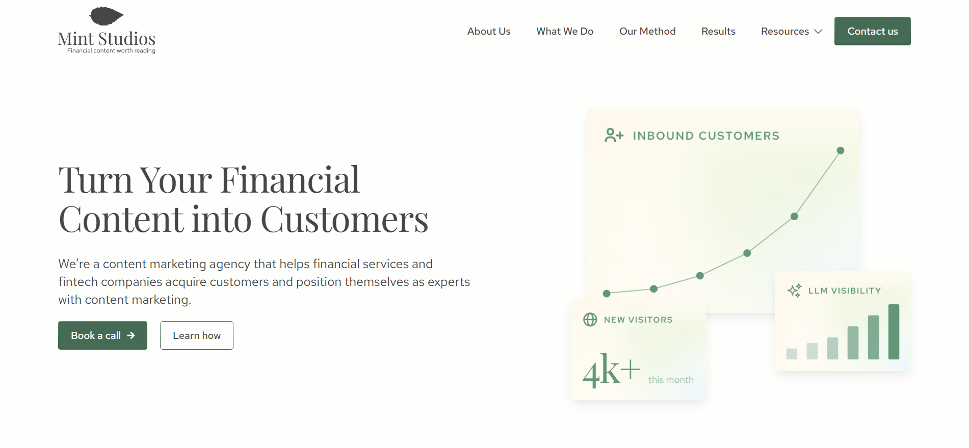 Mint Studios financial content marketing agency homepage helping fintech companies turn content into inbound customers and LLM visibility.