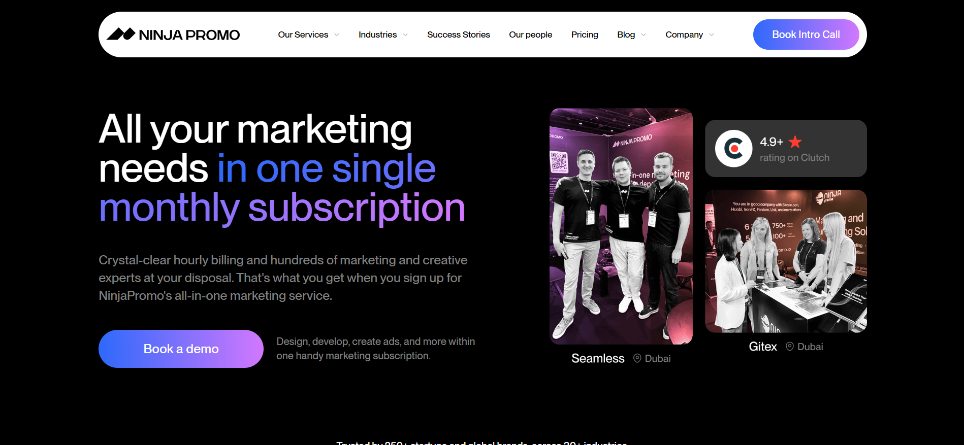 NinjaPromo web3 marketing services homepage presenting multi-channel subscription plans for blockchain and GameFi project growth.