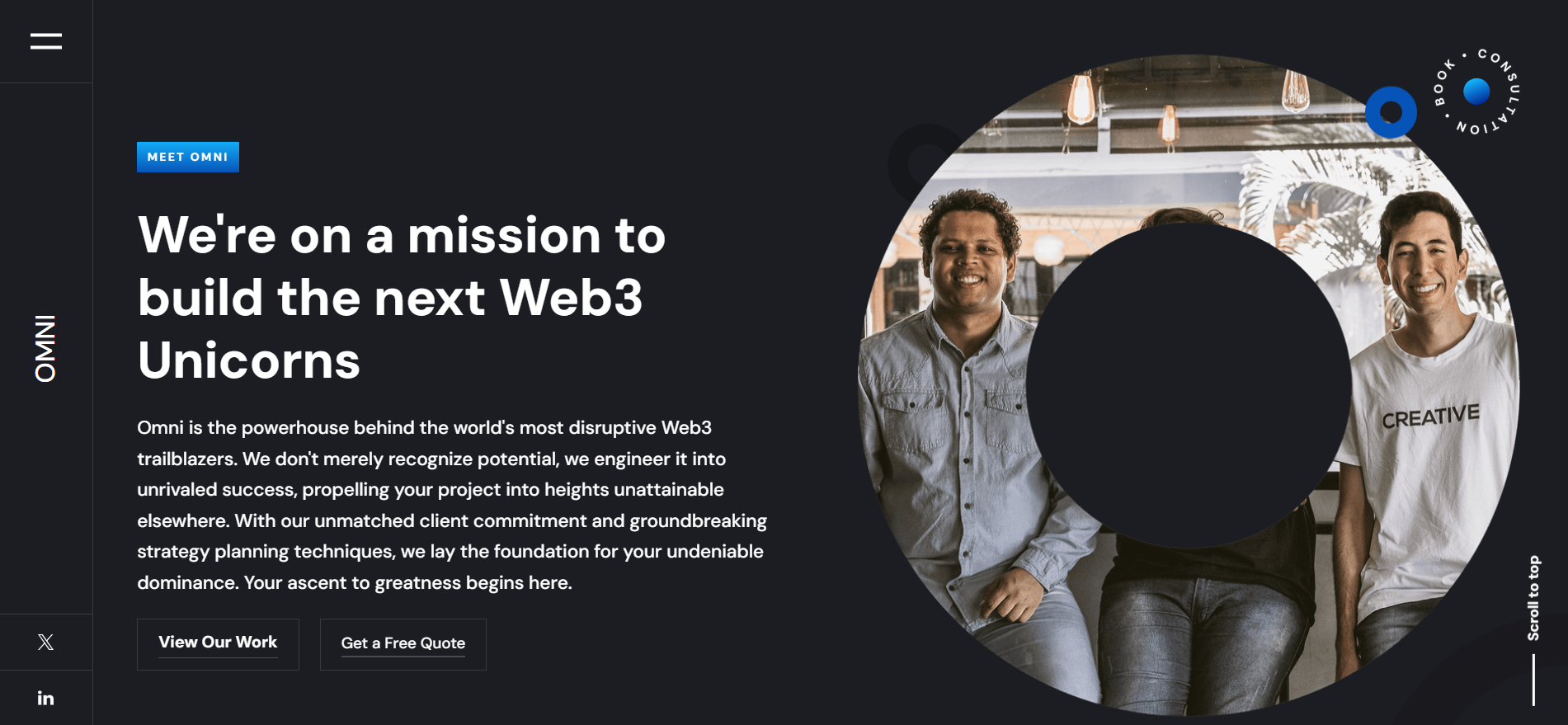 Omni Agency web3 marketing services homepage presenting community-first strategy and guerrilla marketing for NFT and GameFi blockchain startups.