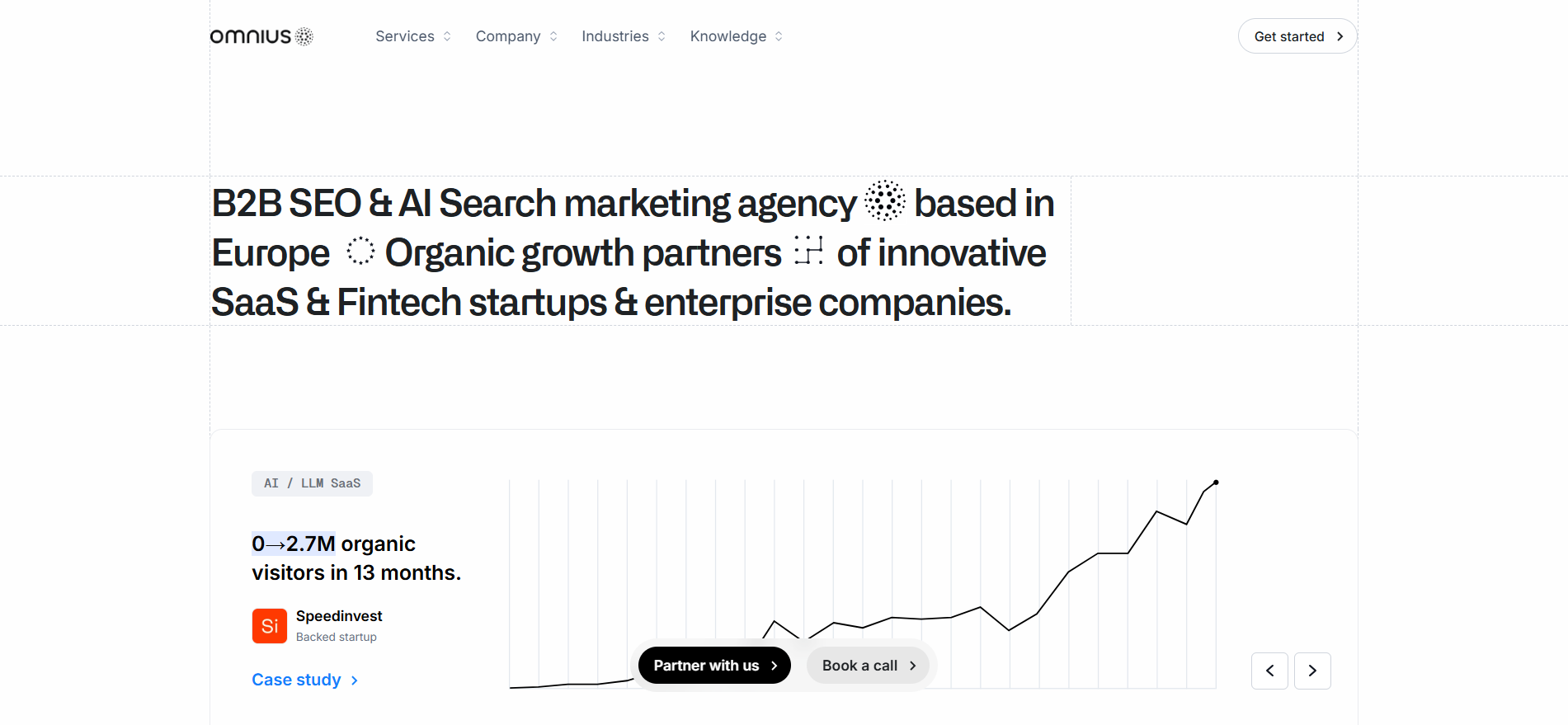 Omnius B2B SEO and AI search marketing agency homepage serving European SaaS and fintech startups with organic growth partnerships.