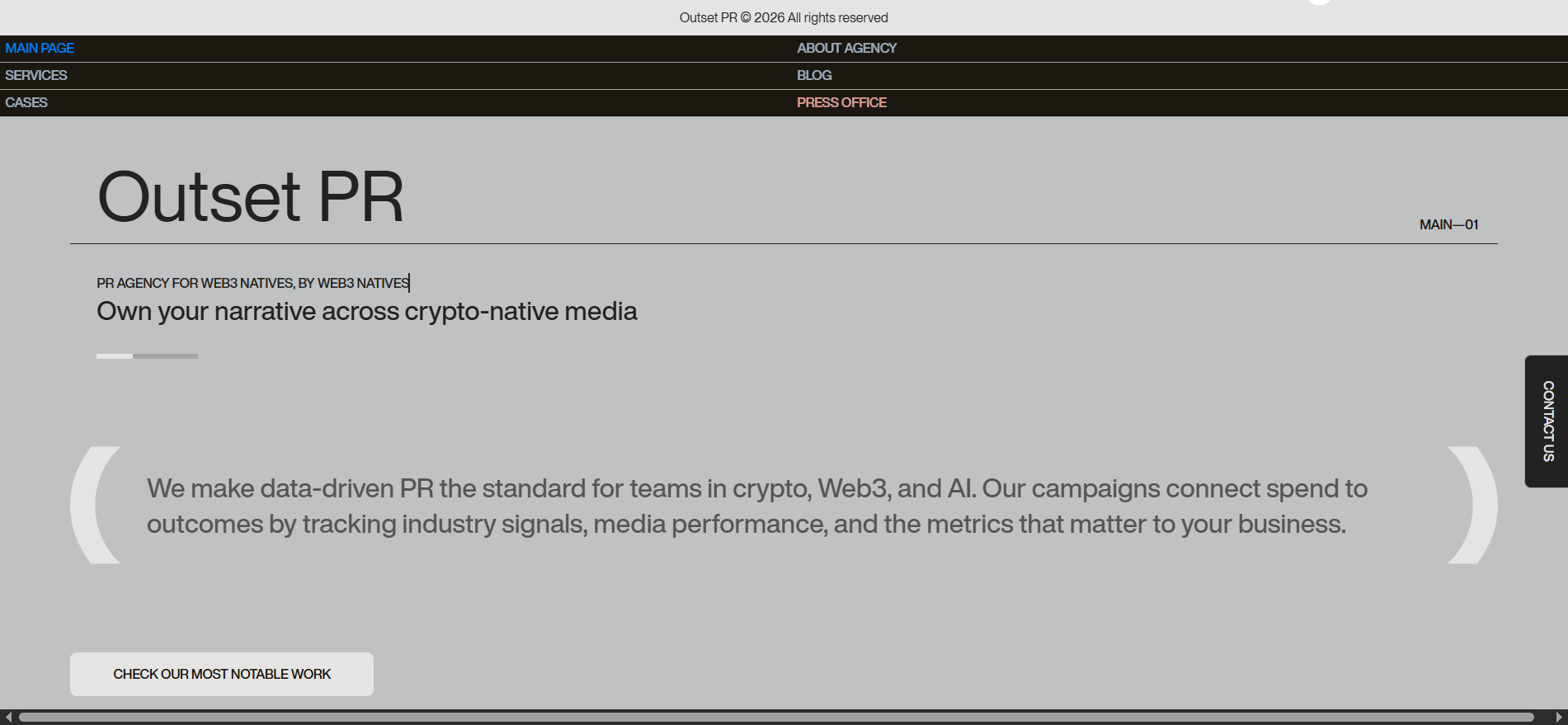 Outset PR blockchain marketing company homepage featuring media intelligence tools and AI search optimization.