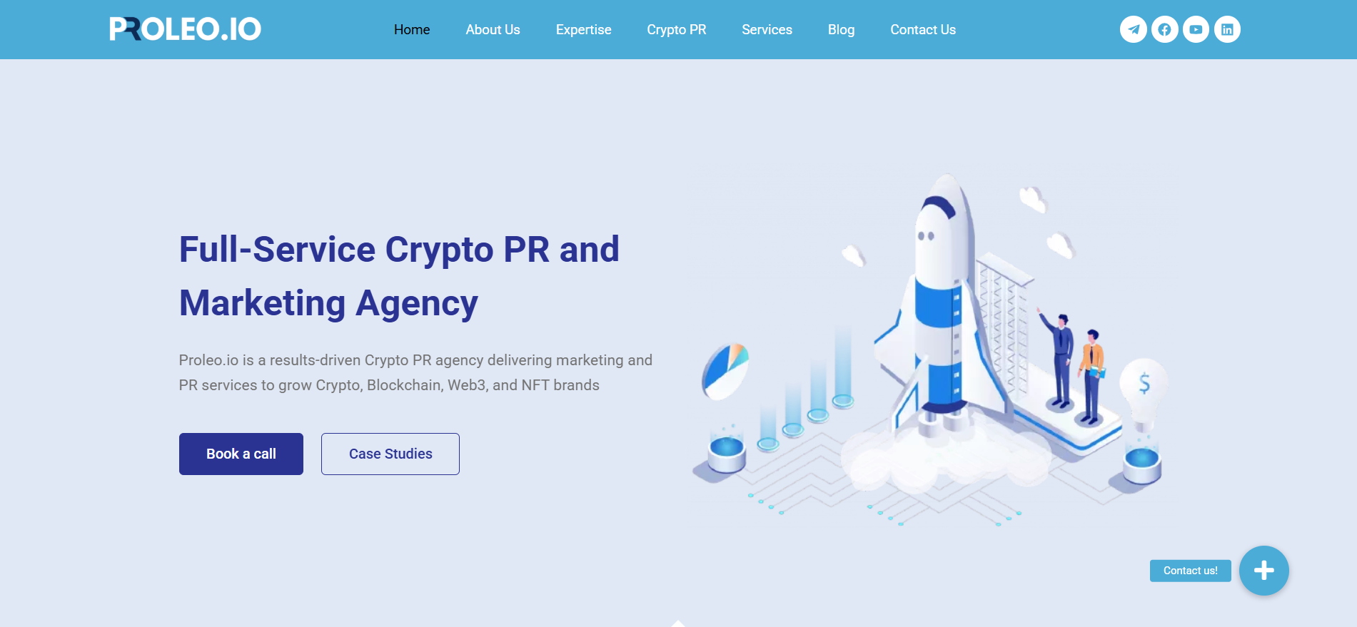 Proleo.io full-service crypto PR and marketing agency homepage delivering results-driven campaigns for blockchain and Web3 brands.