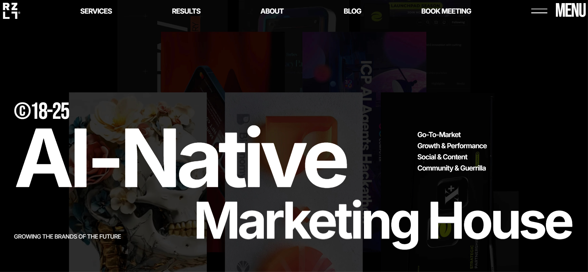 RZLT web3 marketing agency homepage presenting AI-as-a-service growth engine and DevRel solutions for blockchain ecosystems.
