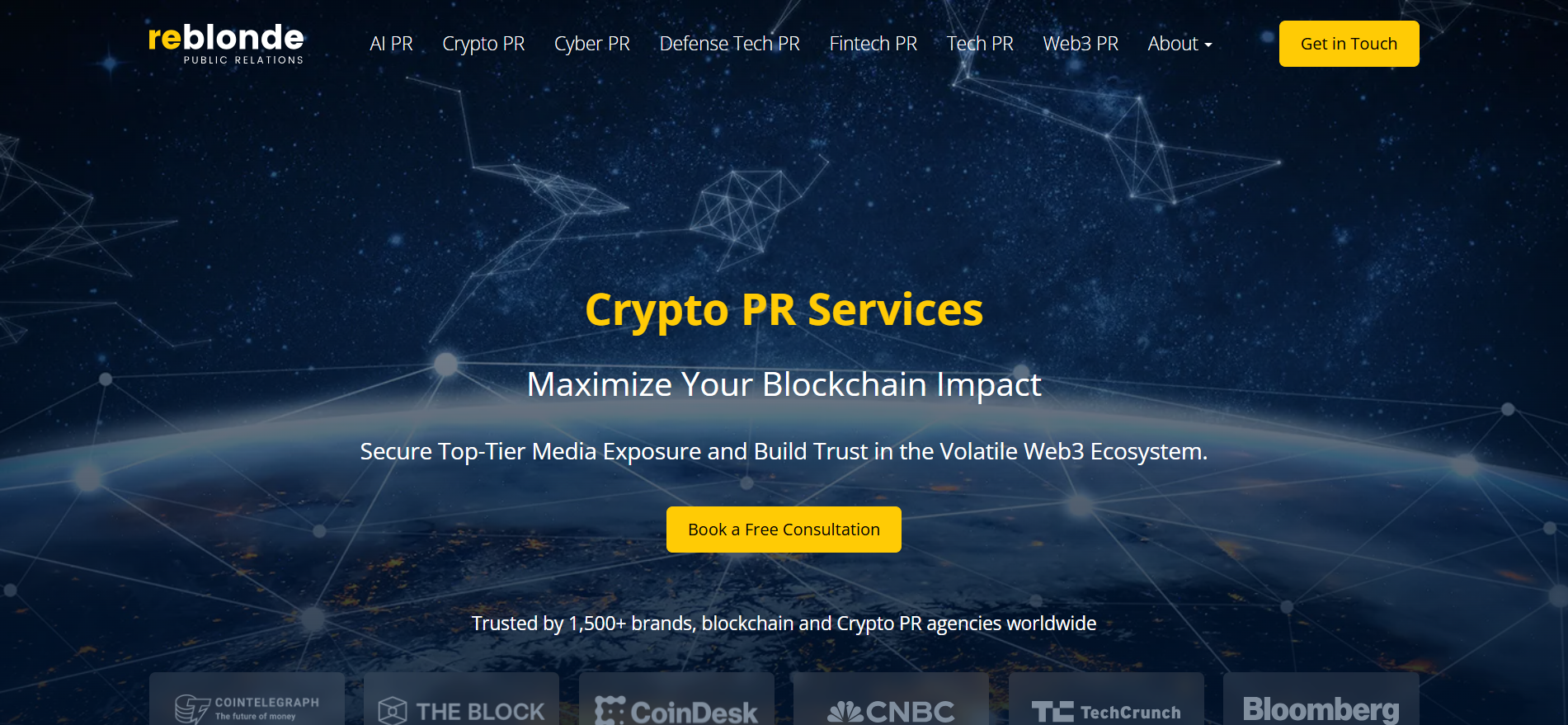 Die Homepage der Krypto-PR-Dienste von ReBlonde bietet eine erstklassige Medienberichterstattung über Bloomberg, CNBC, CoinDesk und TechCrunch.