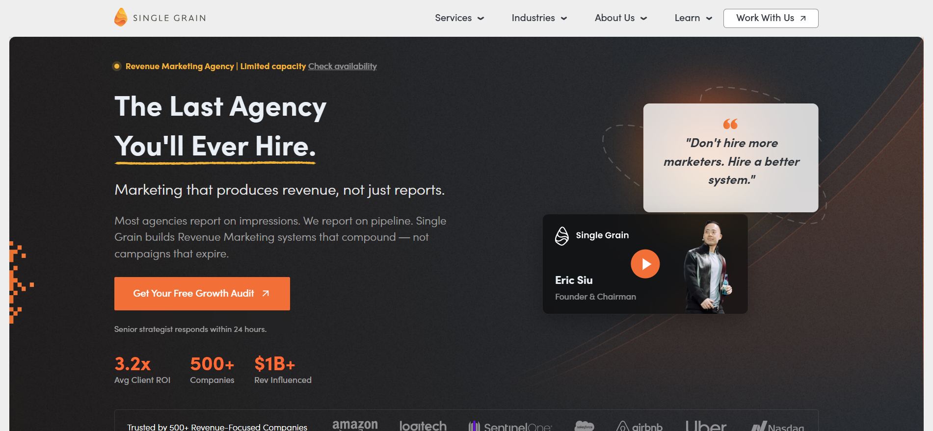 Single Grain blockchain marketing company homepage featuring AI-powered paid acquisition and SEO strategy.