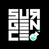 Surgence logo — stacked white typographic mark with teal accent dot on black background.