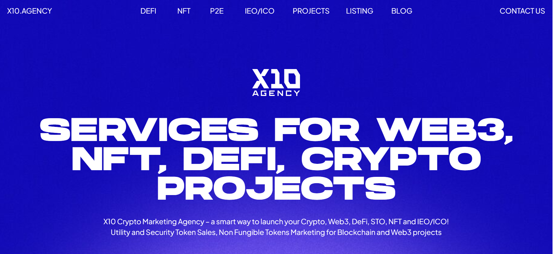 X10 blockchain marketing company homepage featuring Korean, Japanese and Chinese market entry strategy.