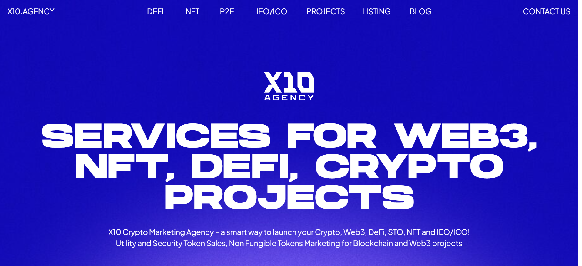 X10 Agency crypto marketing services homepage for Web3, NFT, DeFi, and token sale projects with full-funnel campaign execution.