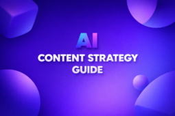 Modern tech blog cover with dark purple gradient background, soft 3D abstract shapes and spheres, and bold centered headline “AI Content Strategy Guide” with large blue-to-violet AI lettering.