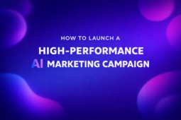 Minimal 16:9 tech cover with a smooth navy-to-blue-to-violet gradient background, featuring bold centered white text “HOW TO LAUNCH A HIGH-PERFORMANCE AI MARKETING CAMPAIGN,” with “AI” in a subtle blue-to-violet gradient, and soft blurred abstract shapes in pink and blue placed at the edges while the center remains clean.